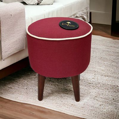 Wooden Twist Rope Design Round Puffy Ottoman Stool For Living Room ( Walnut Finish, Pack of 1 )