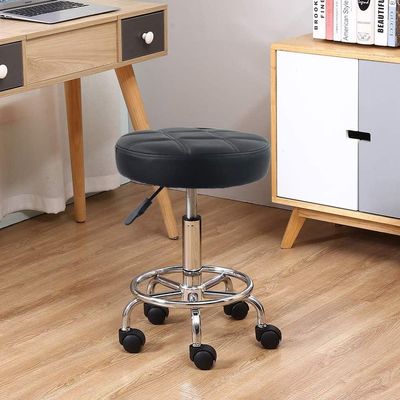 Wooden Twist Rolling PU Leather Height Adjustable Swivel Round Stool With Wheels