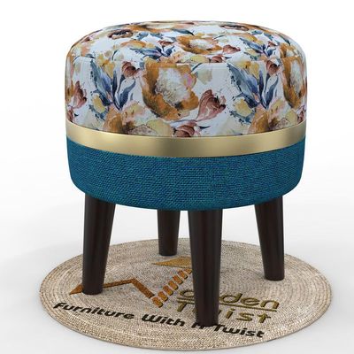 Wooden Twist Flank Puffy Ottoman Stool For Living Room ( Beige & Blue )