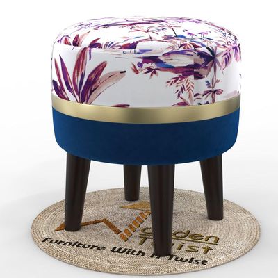 Wooden Twist Blush Puffy Ottoman Stool For Living Room ( Purple & Blue )