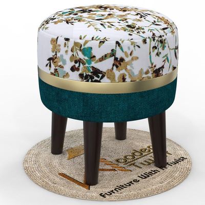Wooden Twist Relish Puffy Ottoman Stool For Living Room ( Mustard & Green )