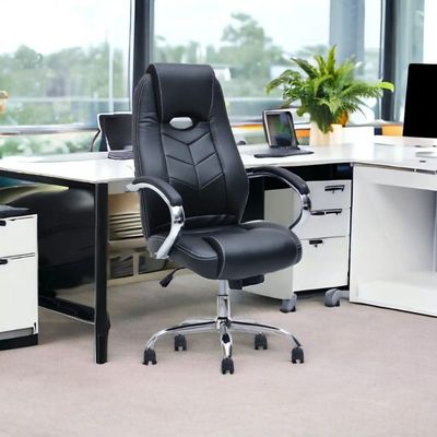 Executive Office Chair, Ergonomic Office Chair, Contoured And Height Adjustable Leather Seat, High Back, Chrome Arms And Tilt Lock Lever, BLACK Color