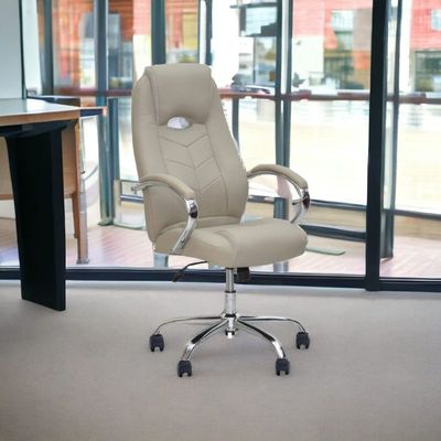 Executive Office Chair, Ergonomic Office Chair, Contoured And Height Adjustable Leather Seat, High Back, Chrome Arms And Tilt Lock Lever, GREY Color