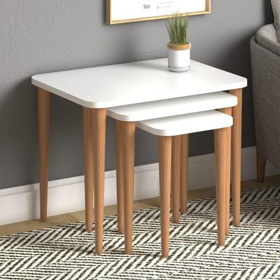Home Canvas Letto Nested Coffee Table Set Of Three For Living Room Home Office Contemporary Stacking End Side Table Leisure Night Stand Wooden Legs Telephone Table- White