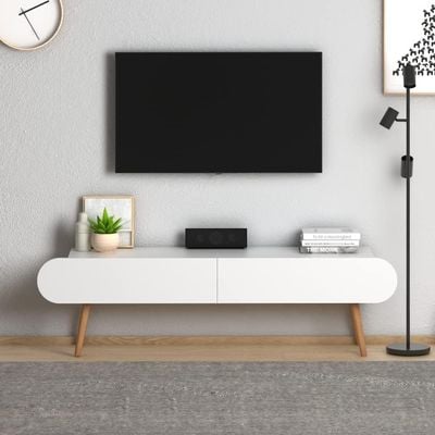 Home Canvas Lotus Modern Tv Stand Shelf For Living Room, Bed Room Tv Unit Media Solid Beech Wood Legs - White