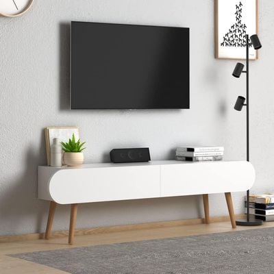 Home Canvas Lotus Modern Tv Stand Shelf For Living Room, Bed Room Tv Unit Media Solid Beech Wood Legs - White