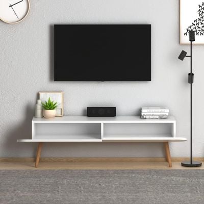 Home Canvas Lotus Modern Tv Stand Shelf For Living Room, Bed Room Tv Unit Media Solid Beech Wood Legs - White