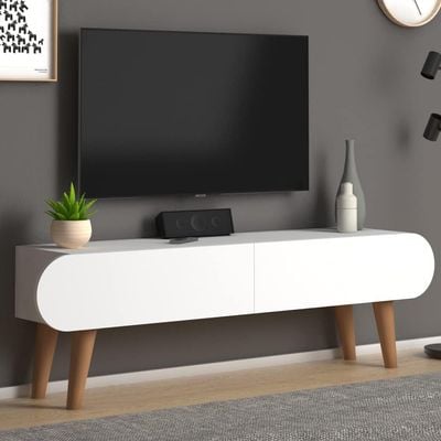 Home Canvas Lotus Modern Tv Stand Shelf For Living Room, Bed Room Tv Unit Media Solid Beech Wood Legs - White