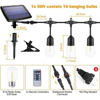 Solar String Lights with Remote Control, IPStank 50FT