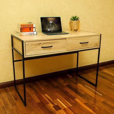 YATAI Solid Wood Computer Table With Metal Frame 2 Drawer Storage Organizer - TV Stand Dressing Table Wooden Table – Wooden Shelf Storage Organiser – Office Desk Table With Shelves – Laptop Table