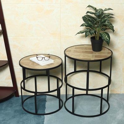 YATAI Round End table, Set Of 2 Wooden Nightstand End table, End table with Metal Frame, Anti-Rust Waterproof Center Tables, Coffee Table for Living Room, Bedroom, Balcony, Office, Apartment