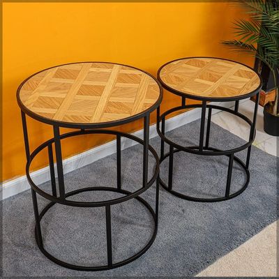 YATAI Round End table, Set Of 2 Wooden Nightstand End table, End table with Metal Frame, Anti-Rust Waterproof Center Tables, Coffee Table for Living Room, Bedroom, Balcony, Office, Apartment