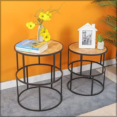 YATAI Round End table, Set Of 2 Wooden Nightstand End table, End table with Metal Frame, Anti-Rust Waterproof Center Tables, Coffee Table for Living Room, Bedroom, Balcony, Office, Apartment