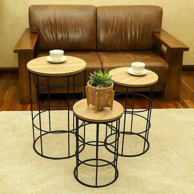 YATAI Round End table, Wooden Nightstand Coffee Table, Easy to Assemble Modern End table with Metal Frame, Anti-Rust Waterproof Center End table for Living Room, Bedroom, Balcony, Office