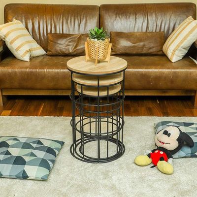 YATAI Round End table, Wooden Nightstand Coffee Table, Easy to Assemble Modern End table with Metal Frame, Anti-Rust Waterproof Center End table for Living Room, Bedroom, Balcony, Office