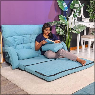 YATAI Sofa Lounger Bed with Armrests and A Pillow | Foldable 2 Seater Majilis Lazy Couch Sofa | Adjustable Backrest Fully Assembled Sofa for Multipurpose (BLUE)