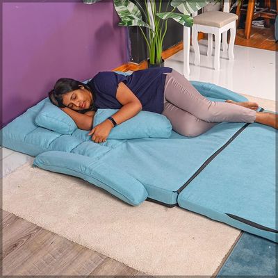 YATAI Sofa Lounger Bed with Armrests and A Pillow | Foldable 2 Seater Majilis Lazy Couch Sofa | Adjustable Backrest Fully Assembled Sofa for Multipurpose (BLUE)