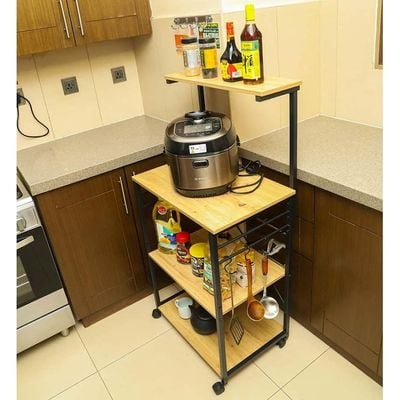 YATAI Kitchen Storage Trolley, 4 Tier Rolling Utility Cart with Lockable Wheels, Heavy Duty Storage Cart for Kitchen, Multi-Functional Storage Cart with Hooks, Also Flexible in Living Room, Bathroom