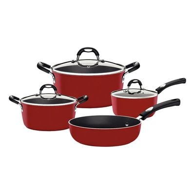 Tramontina Monaco Induction 7 Pieces Aluminum Cookware Set with Interior Starflon Premium PFOA Free Nonstick Coating and Exterior Red Silicon Coating