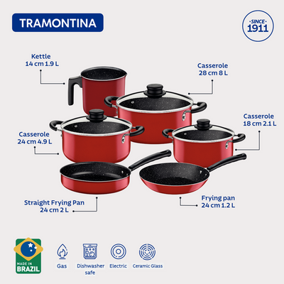 Tramontina 9 Pieces Red Aluminum Cookware Set with Interior and Exterior Starflon Max Nonstick Coating