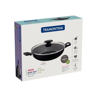 Tramontina Loreto 28cm 33L Black Wok Pot with Interior and Exterior Starflon Max PFOA Free Nonstick Coating