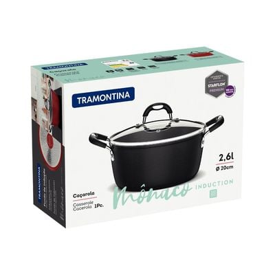 Tramontina Monaco Induction 20cm 2.6L Black Aluminum Casserole with Interior and Exterior Starflon Premium PFOA Free Nonstick Coating