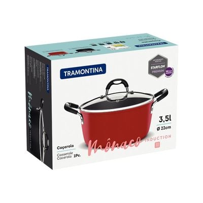 Tramontina Monaco Induction 22cm 3.5l Aluminum Casserole with Interior Starflon Premium PFOA Free Nonstick Coating and Exterior Red Silicon Coating