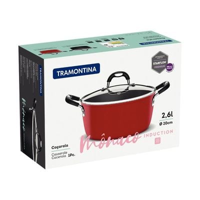 Tramontina Monaco Induction 20cm 2.6L Aluminum Casserole with Interior Starflon Premium PFOA Free Nonstick Coating and Exterior Red Silicon Coating