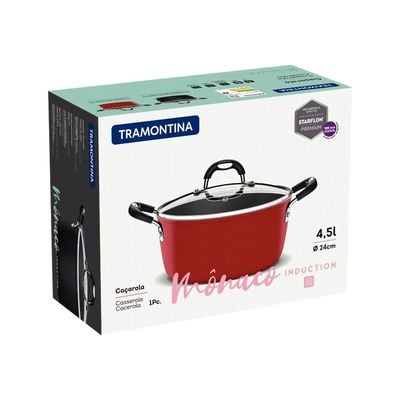 Tramontina Monaco Induction 24cm 4.5L Aluminum Casserole with Interior Starflon Premium PFOA Free Nonstick Coating and Exterior Red Silicon Coating