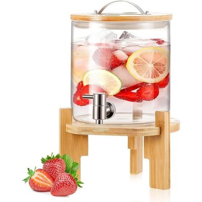  1CHASE® Borosilicate Glass Drink Dispenser with Spigot and Wooden Stand 5 Litre