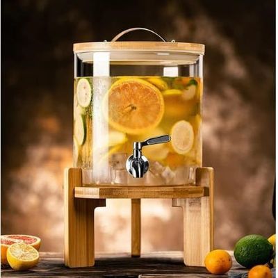  1CHASE® Borosilicate Glass Drink Dispenser with Spigot and Wooden Stand 5 Litre