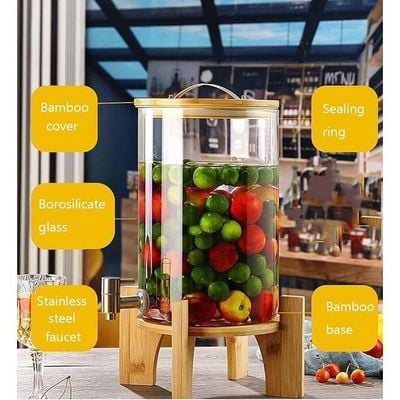  1CHASE® Borosilicate Glass Drink Dispenser with Spigot and Wooden Stand 8 Litre