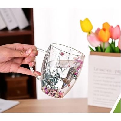  1CHASE® Borosilicate Double Wall Flower Glass Coffee Cups with Handle 350 ML (Set of 2)