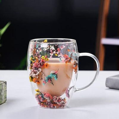  1CHASE® Borosilicate Double Wall Flower Glass Coffee Cups with Handle 350 ML (Set of 2)