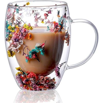  1CHASE® Borosilicate Double Wall Flower Glass Coffee Cups with Handle 350 ML