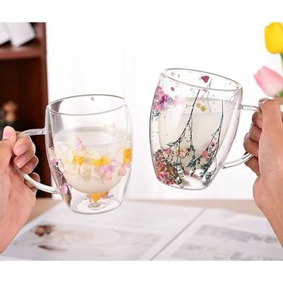  1CHASE® Borosilicate Double Wall Flower Glass Coffee Cups with Handle 350 ML