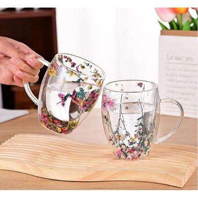  1CHASE® Borosilicate Double Wall Flower Glass Coffee Cups with Handle 350 ML