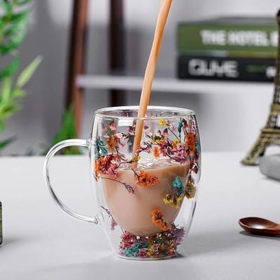  1CHASE® Borosilicate Double Wall Flower Glass Coffee Cups with Handle 350 ML