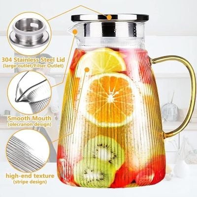  1CHASE® Borosilicate Glass Water Pitcher With Stainless Steel Strainer Lid 1500 ML