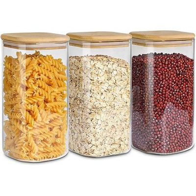  1CHASE® Square Glass Storage Jar with Air tight Bamboo Lid 1500 ML (50 Oz) Set of 3