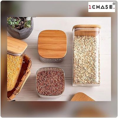  1CHASE® Square Glass Storage Jar with Air tight Bamboo Lid 1500 ML (50 Oz) Set of 3