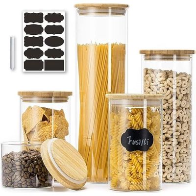 1CHASE Glass Jars with Bamboo Lids,Glass Food Storage Jars with Wood Lids for Pantry-5 PCS Set (2200 ML / 1200 ML / 750 ML / 500 ML)