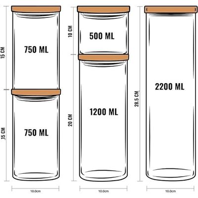 1CHASE Glass Jars with Bamboo Lids,Glass Food Storage Jars with Wood Lids for Pantry-5 PCS Set (2200 ML / 1200 ML / 750 ML / 500 ML)