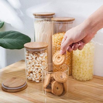 1CHASE Glass Jars with Bamboo Lids,Glass Food Storage Jars with Wood Lids for Pantry-5 PCS Set (2200 ML / 1200 ML / 750 ML / 500 ML)