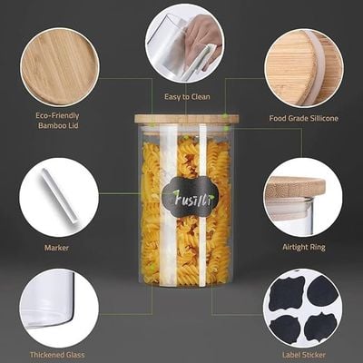 1CHASE Glass Jars with Bamboo Lids,Glass Food Storage Jars with Wood Lids for Pantry-5 PCS Set (2200 ML / 1200 ML / 750 ML / 500 ML)