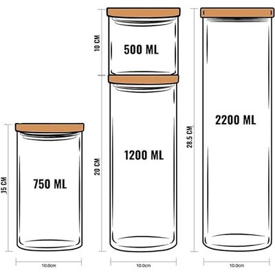 1CHASE Borosilicate Glass Jars with Bamboo Lids, Glass Food Storage Jars with Wood Lids for Pantry-4 PCS Set (2200 ML / 1200 ML / 750 ML / 500 ML)
