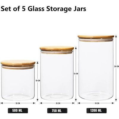 1CHASE Borosilicate Glass Jars with Bamboo Lids, Glass Food Storage Jars with Wood Lids for Pantry-5 PCS Set (1200 ML / 750 ML / 500 ML)
