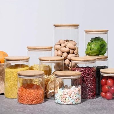 1CHASE Borosilicate Glass Jars with Bamboo Lids, Glass Food Storage Jars with Wood Lids for Pantry-5 PCS Set (1200 ML / 750 ML / 500 ML)
