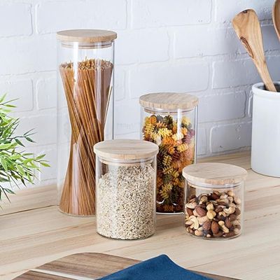 1CHASE Borosilicate Glass Jars with Bamboo Lids, Glass Food Storage Jars with Wood Lids for Pantry-5 PCS Set (1200 ML / 750 ML / 500 ML)
