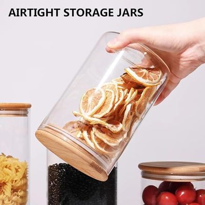 1CHASE Borosilicate Glass Jars with Bamboo Lids, Glass Food Storage Jars with Wood Lids for Pantry-5 PCS Set (1200 ML / 750 ML / 500 ML)
